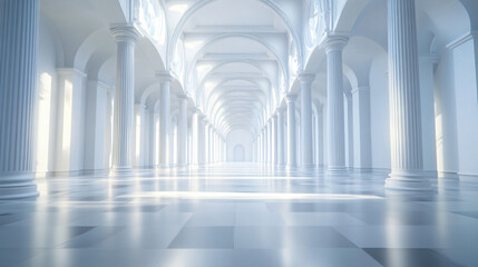 Poster - Sunlight filters through arched windows, casting stunning light and shadow play on the polished floor of a long hallway adorned with white columns