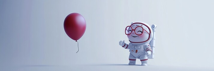 Aufkleber - A cute astronaut character interacts with a red balloon in a minimalist setting.