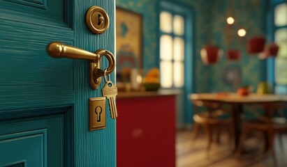 Poster - A close-up of a colorful door with keys, suggesting entry and exploration in a vibrant space.