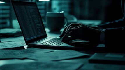 Aufkleber - A person typing on a laptop amidst scattered papers in a dimly lit workspace.