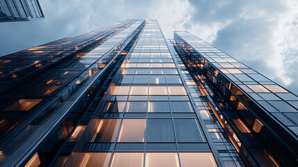 Fototapete - Glass facade of a modern skyscraper reflecting the cloudy sky at dusk, creating a stunning architectural view