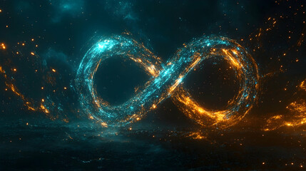 Glowing infinity symbol formed from particles, teal and orange hues on dark background.