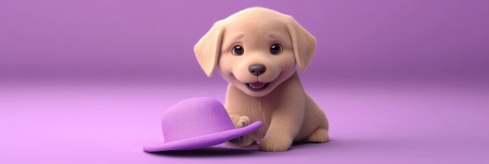 Poster - A cute puppy playing with a purple hat against a pastel background.