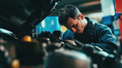Poster - Mechanic Carefully Inspecting Car Engine Components