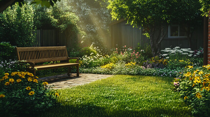 Poster - Serene garden bathed in sunlight, with vibrant flowers, greenery, and a wooden bench
