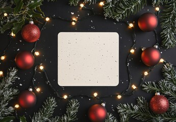 Poster - A festive arrangement featuring ornaments, greenery, and a blank space for a holiday message.