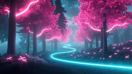 Wall Mural - a serene forest scene with towering trees adorned with glowing neon vines, their vibrant hues illumi