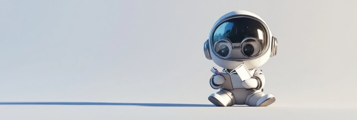 Poster - A cute astronaut character reading a book, sitting on a smooth surface.