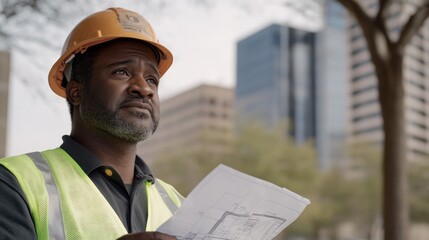 Aufkleber - A construction worker reviewing blueprints at a job site with urban buildings in the background.