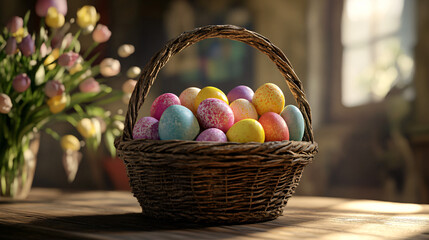 Poster - Easter eggs in a wicker basket on a wooden table with tulips in the background, marking the arrival of spring