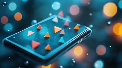 Poster - A close up of a smartphone screen displaying a sleek user interface with triangular icons and minimalist design elements.