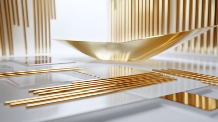 Poster - A modern, abstract composition featuring golden shapes and lines on a sleek surface.