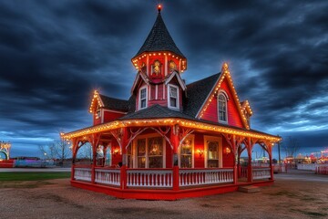 Poster - A brightly lit, whimsical red building with a tower, set against a dramatic sky.