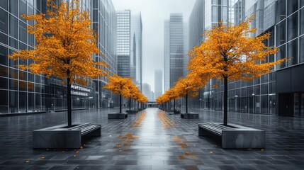 Poster - A serene urban scene featuring orange trees lining a reflective pathway amidst skyscrapers.