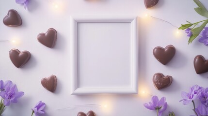 Poster - A blank frame surrounded by chocolate hearts and flowers, ideal for romantic displays.