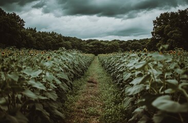 Poster - A serene sunflower field under a dramatic sky, inviting tranquility and reflection.