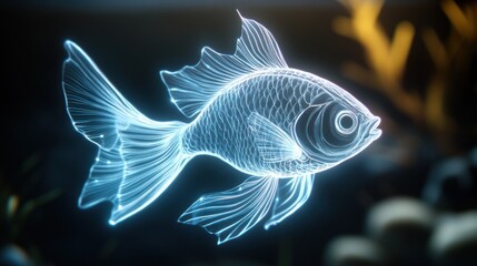 Poster - A glowing, holographic fish swimming in an abstract underwater environment.