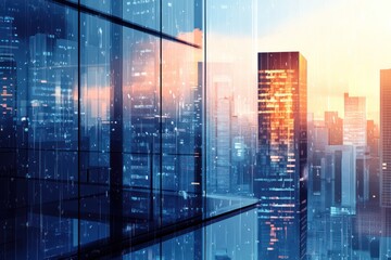 Poster - A modern city skyline at sunset with rain, showcasing glass buildings and urban atmosphere.