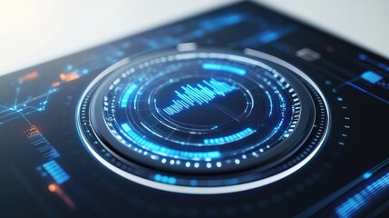 Aufkleber - A futuristic interface displaying sound wave data and digital elements.