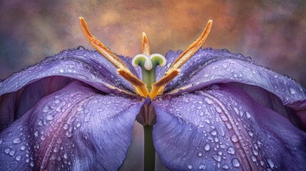Poster - A close-up of a vibrant purple flower with water droplets, showcasing its intricate details.