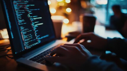 Aufkleber - A person coding on a laptop in a cozy environment with warm lighting.