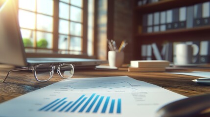 Aufkleber - A workspace featuring documents, glasses, and a laptop, highlighting business analysis.
