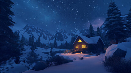 Aufkleber - Cozy winter scene: snowy mountain cabin glowing in warm nighttime light, inviting and enchanting