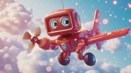 Aufkleber - A cheerful red robot airplane flying among fluffy clouds.