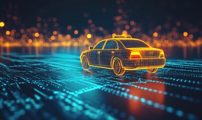 Poster - 3D holographic taxi car, glowing lines, digital city background, futuristic technology, neon lights