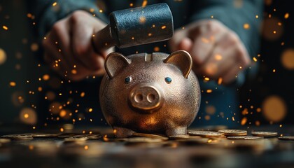 Wall Mural - Breaking a Piggy Bank to Save Money: A Financial Lesson