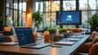 © David - A modern meeting room setup with laptops, notebooks, and refreshments prepared for an intensive brainstorming session
