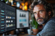 © David - A professional working on financial reports displayed on a dual-monitor setup, with a potted plant on the desk