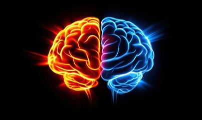 Poster - Brain illustration with vibrant orange and blue halves, representing creativity and logic. Abstract design with glowing effects, dark background.