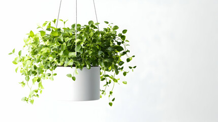 Wall Mural - lush green plant in a hanging white pot against a white wall.