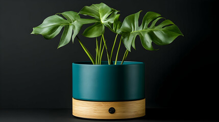 Wall Mural - lush green monstera deliciosa plant in a teal and wood planter against a black background.