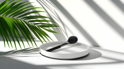 Wall Mural - makeup brush rests on a white tray with palm leaf shadows.