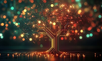 Poster - Digital tree with glowing circuits and lights, representing technology and nature fusion. Colorful bokeh background enhances visual appeal.