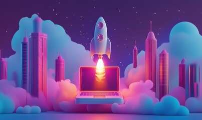 Poster - Rocket launching from laptop, futuristic city skyline, vibrant colors, digital art