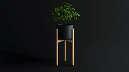 Wall Mural - Minimalist black planter with small green plant on light wood stand against black background.