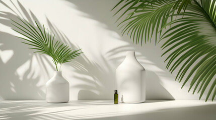 Wall Mural - minimalist scene with white vases, green leaves, and essential oil bottle, cast in sunlight against 