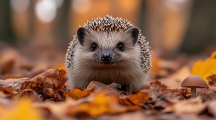 Canvas Print - Adorable Hedgehog in Autumn Leaves