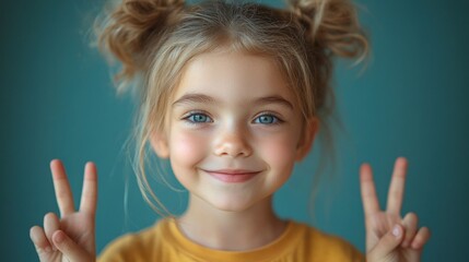 Wall Mural - Adorable Little Girl with Peace Signs,  Smiling Sweetly,  Golden Hair Buns, and Bright Blue Eyes.