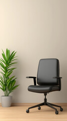 Wall Mural - A sleek black office chair is positioned next to a green plant against a soft beige wall, creating a modern and inviting workspace atmosphere.