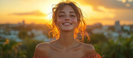 Wall Mural - Golden Hour Beauty: A Portrait of Joyful Radiance