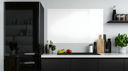 Modern kitchen interior with black refrigerator, white blank backsplash, and cooking utensils.