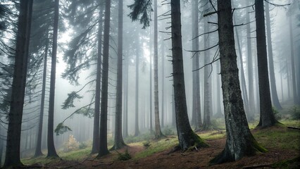 fog swirling around the trunks of dark spruce trees in a dense forest, foggy environment, coniferous