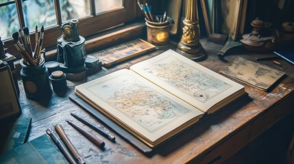 Aufkleber - Artists Desk With Open Book Showing Hand Drawn Map