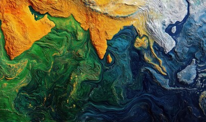 Poster - Abstract representation of India and surrounding regions, vibrant colors, swirling patterns, oceanic textures, landforms, artistic interpretation