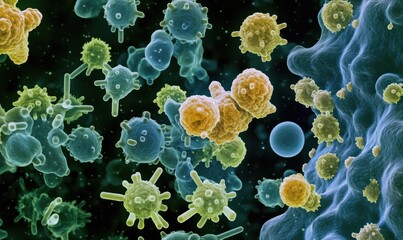 Poster - Microscopic view of cells and microorganisms, showcasing vibrant colors and diverse shapes. Detailed representation of biological structures, including bacteria and viruses.