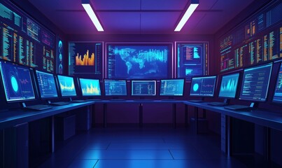 Poster - high-tech control room with multiple screens displaying data analytics and graphs